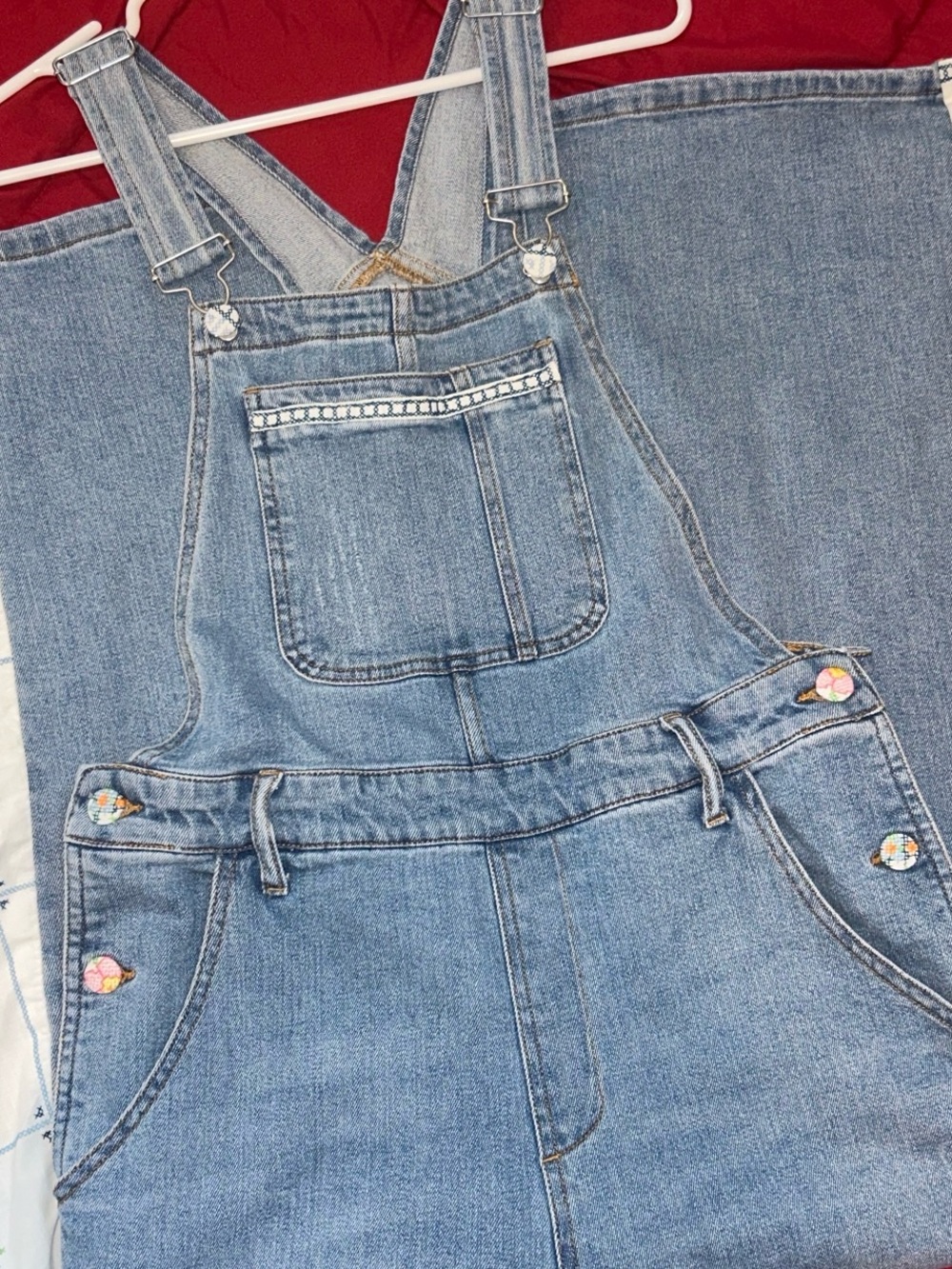 Reworked Denim Flare Overalls with Floral Cross Stitch Buttons and Details